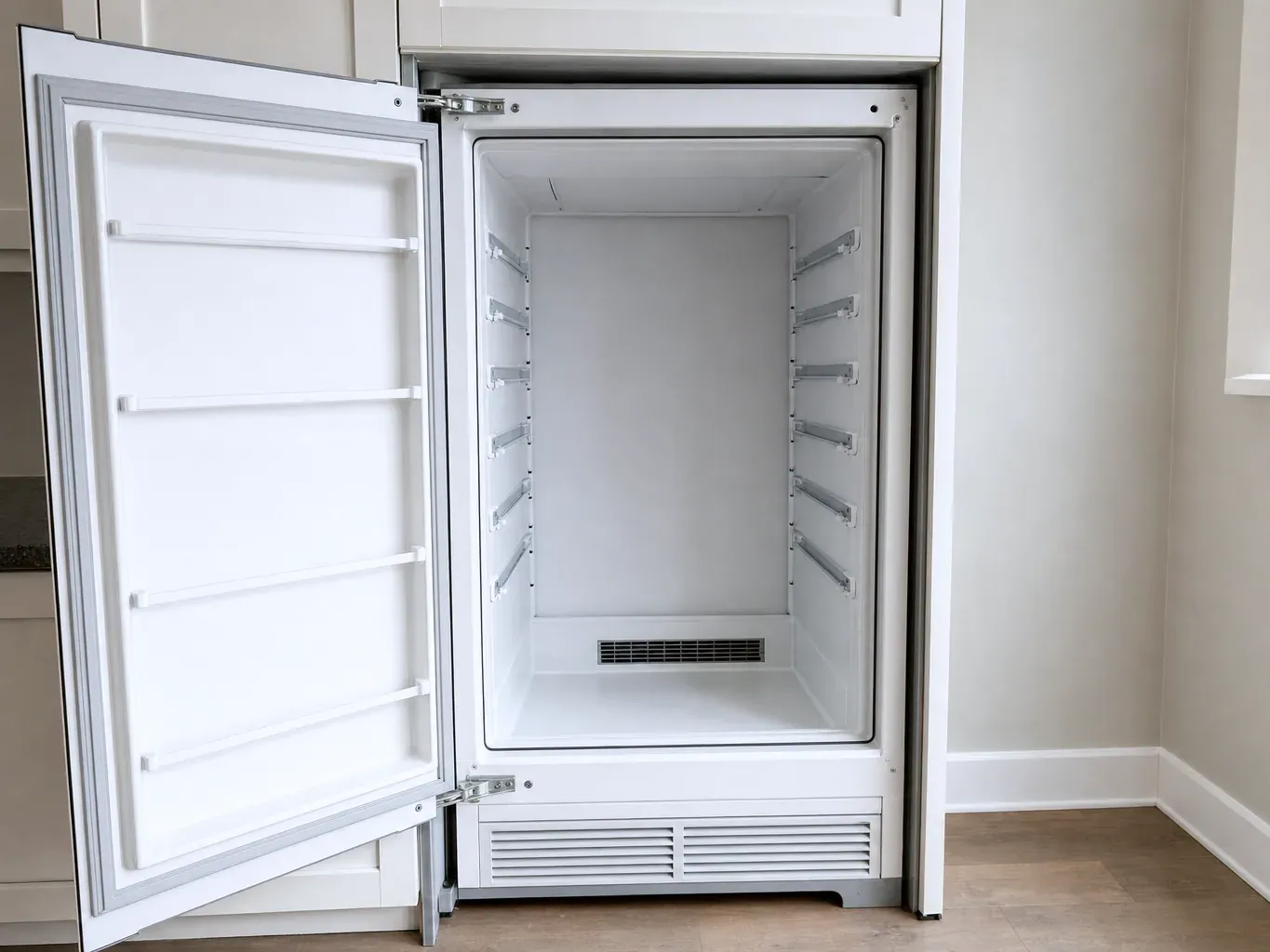 Built-in refrigerator with door open and empty shelf-less interior