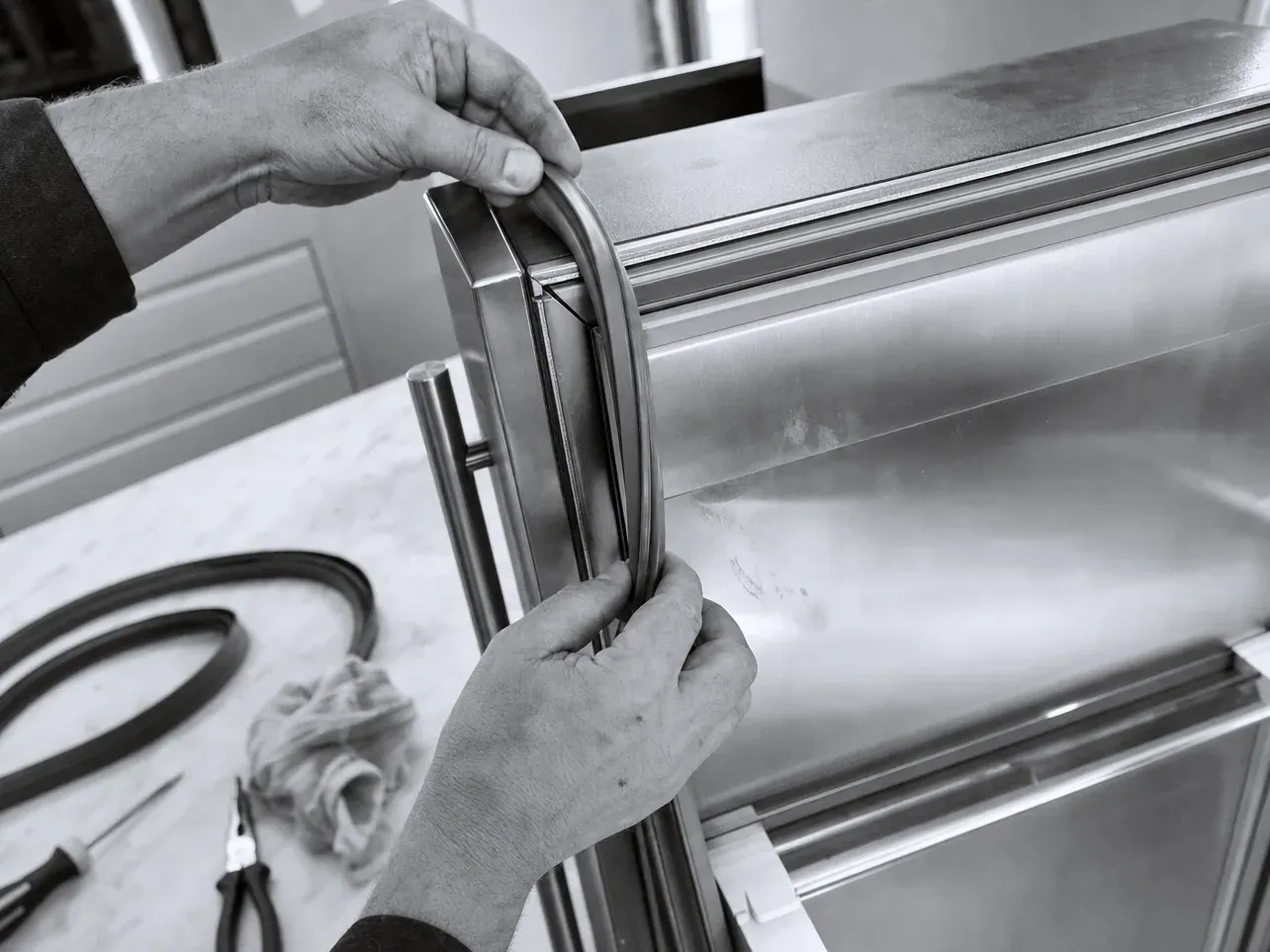Hands seating a new door gasket into the channel of a stainless refrigerator door