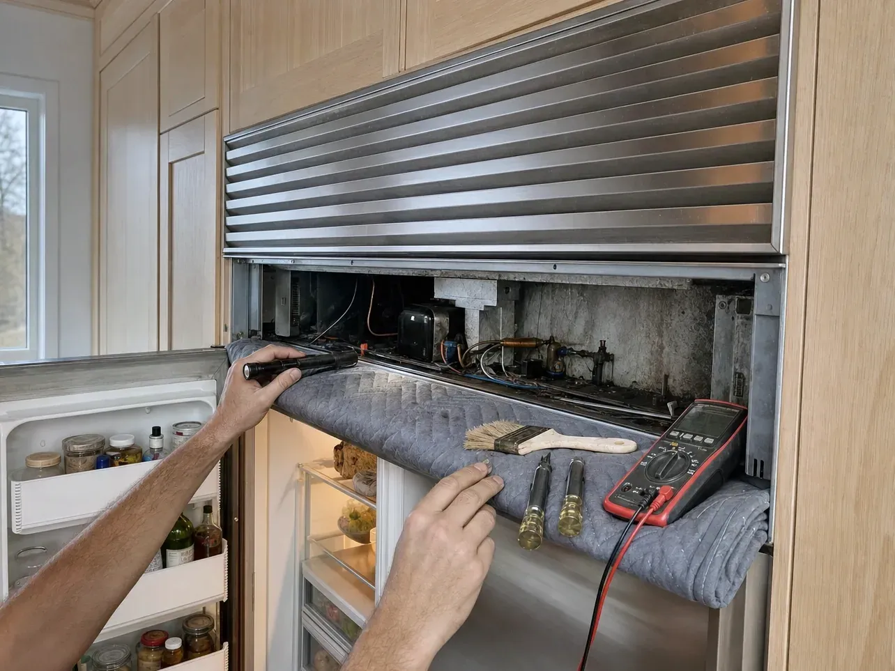 Open upper machine compartment of a built-in refrigerator with flashlight, brush, screwdrivers and multimeter