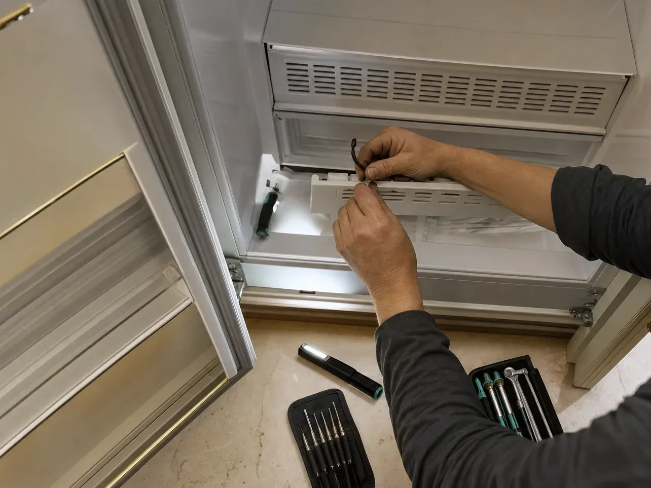 Hands removing a part from the freezer floor, screwdriver sets laid out below