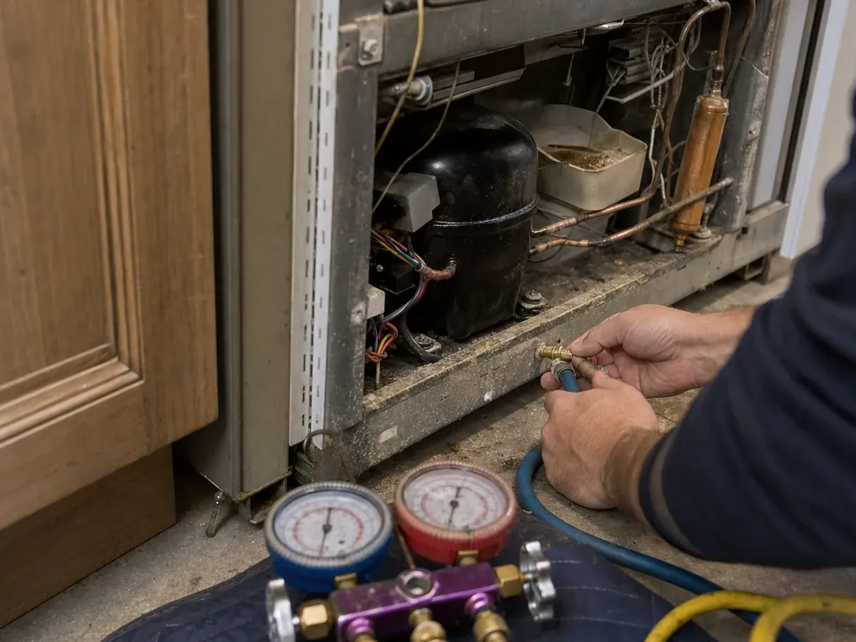 Hand attaching a charging hose at an exposed compressor and drain pan, manifold gauges on the floor
