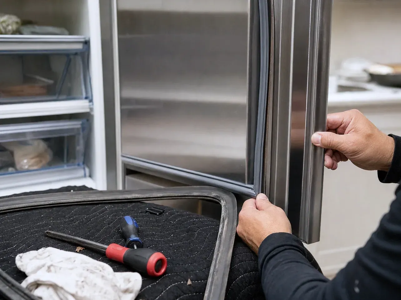 Hands fitting a door gasket to a refrigerator door, old gasket and screwdriver on a mat