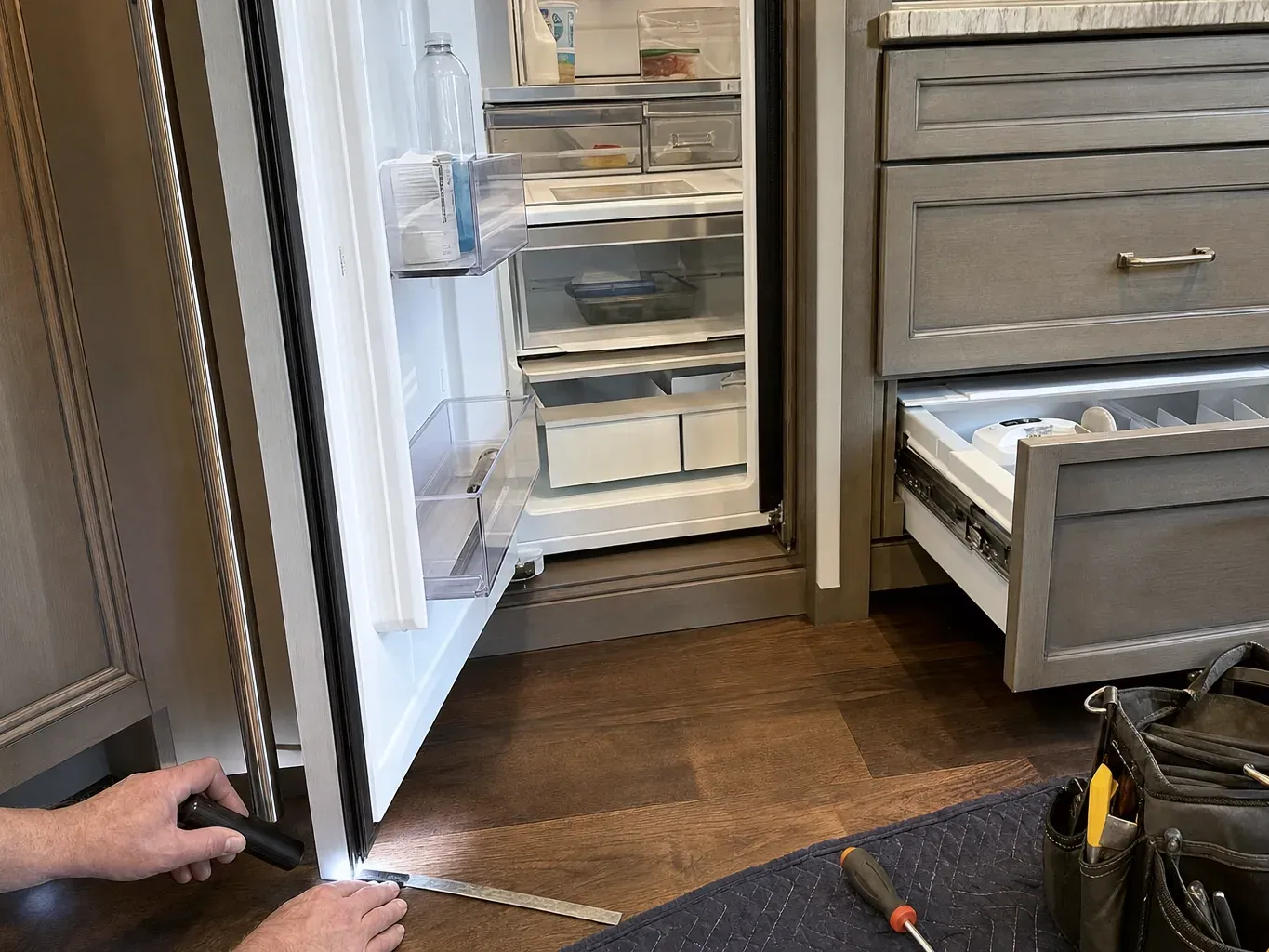 Technician shining a flashlight along the open door of a built-in refrigerator