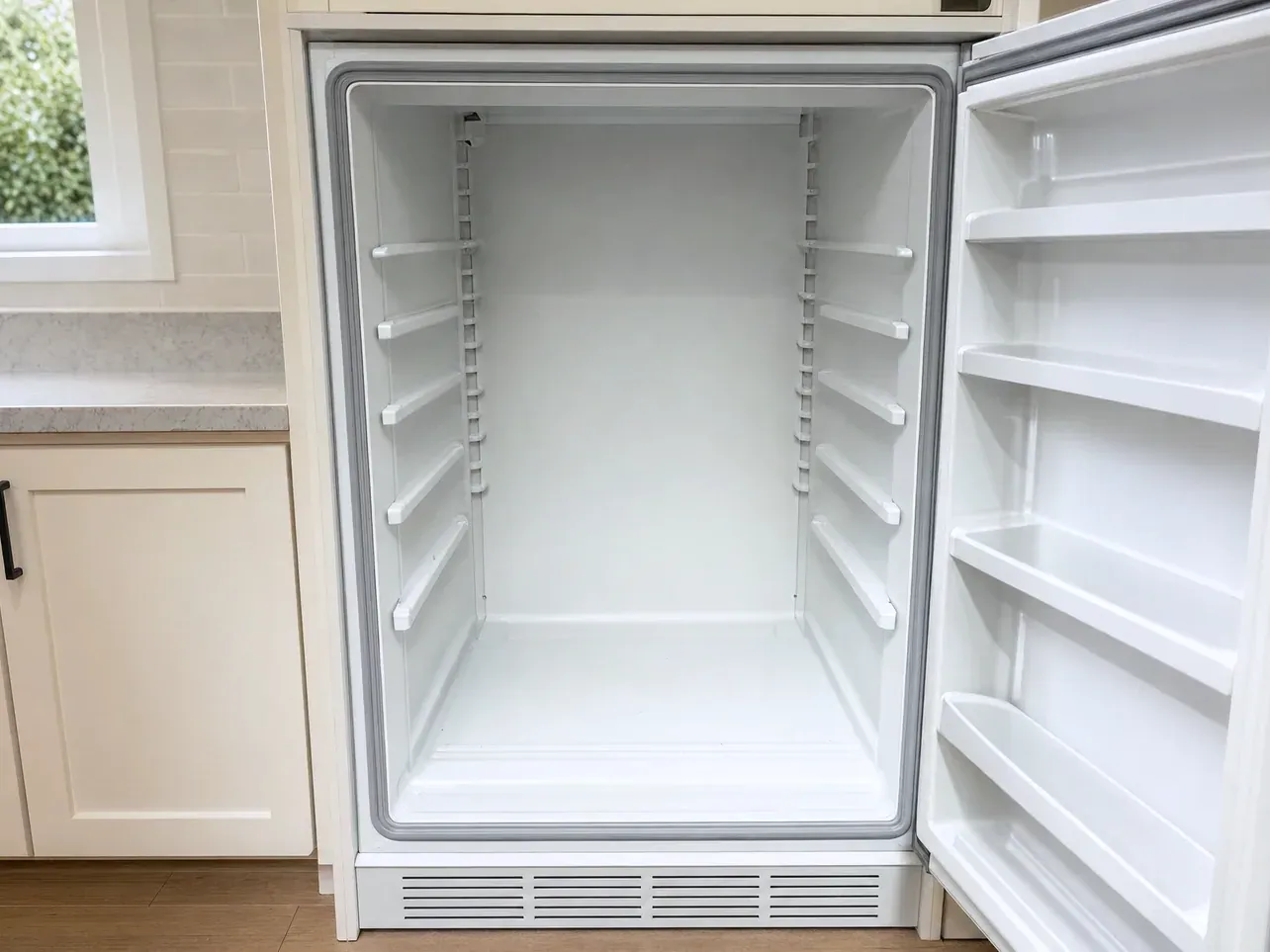 Empty white refrigerator interior with shelves removed and door open
