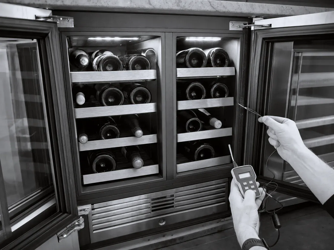 Black and white photo of thermometer probe at open wine refrigerator