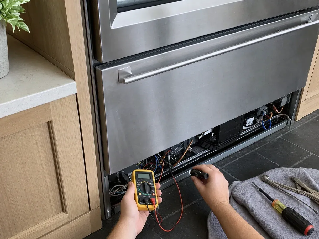 Technician testing refrigerator drawer wiring with a multimeter, tools on towel