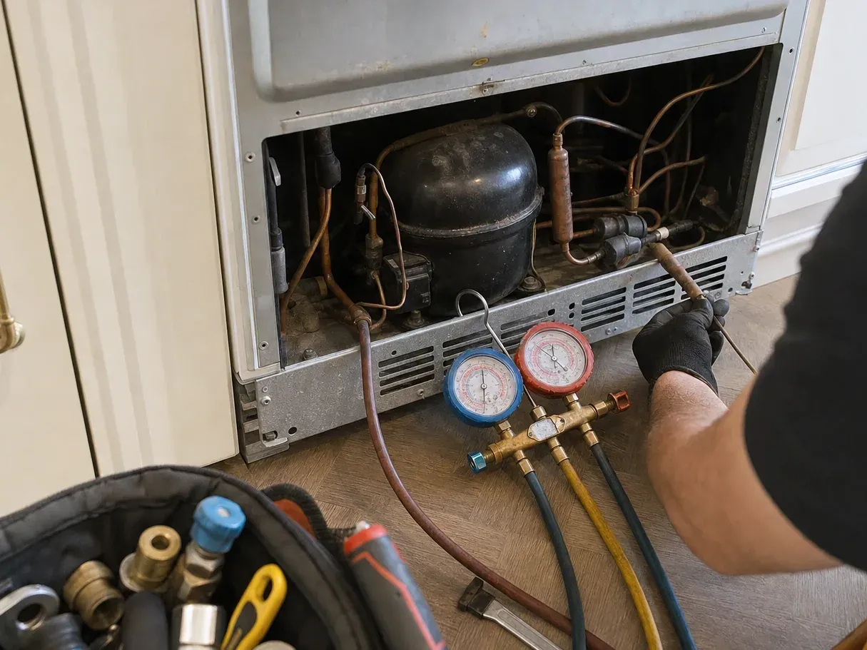Gloved hand connecting refrigerant manifold gauges to compressor line