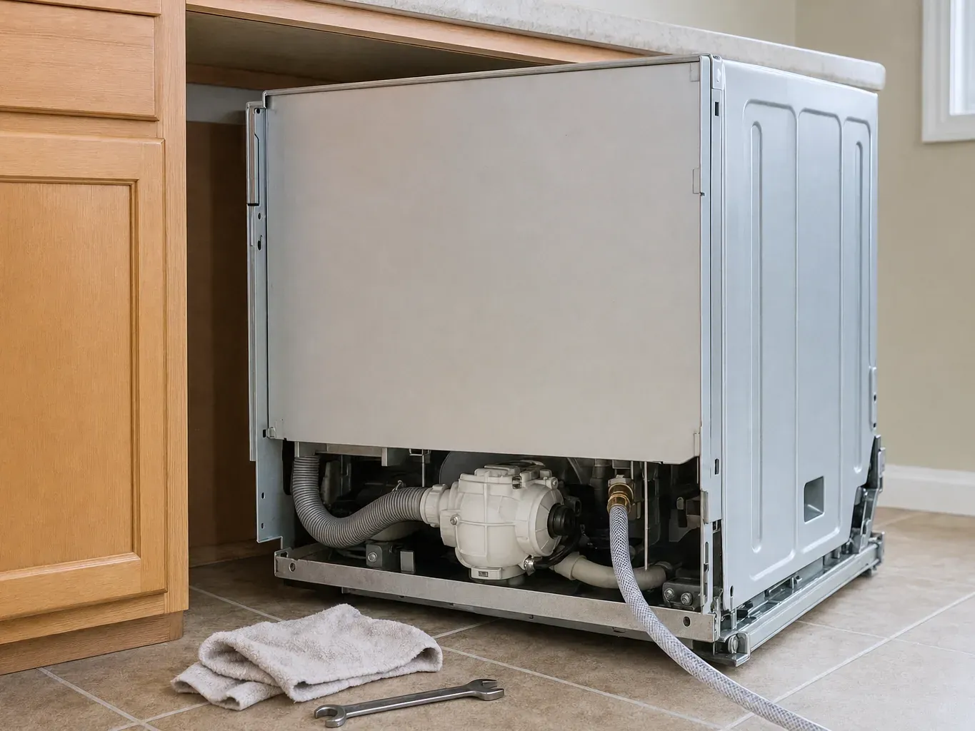 Dishwasher pulled onto tile floor showing pump and drain hose, towel and wrench