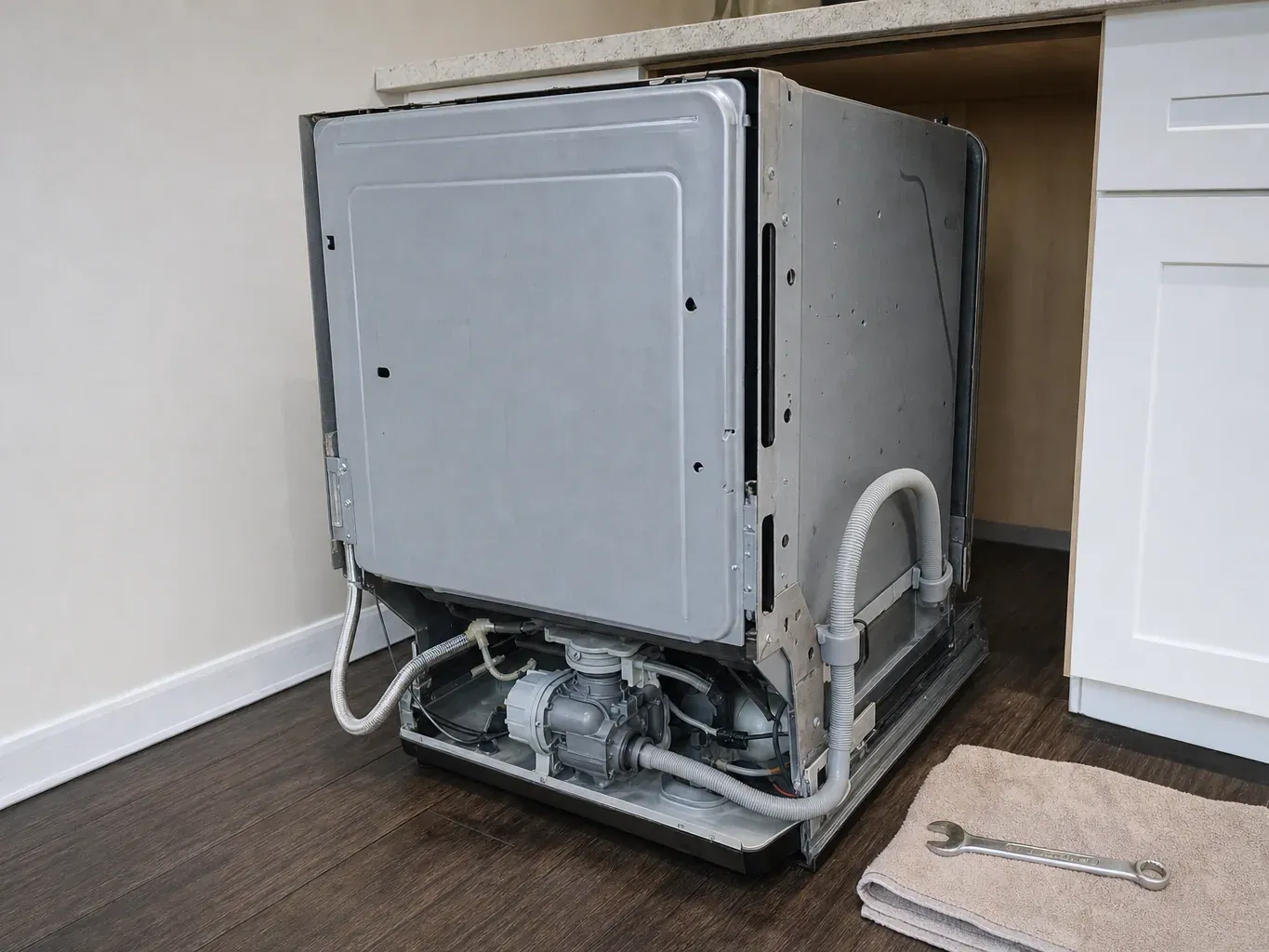 Dishwasher standing away from cabinet with base pump and hoses exposed