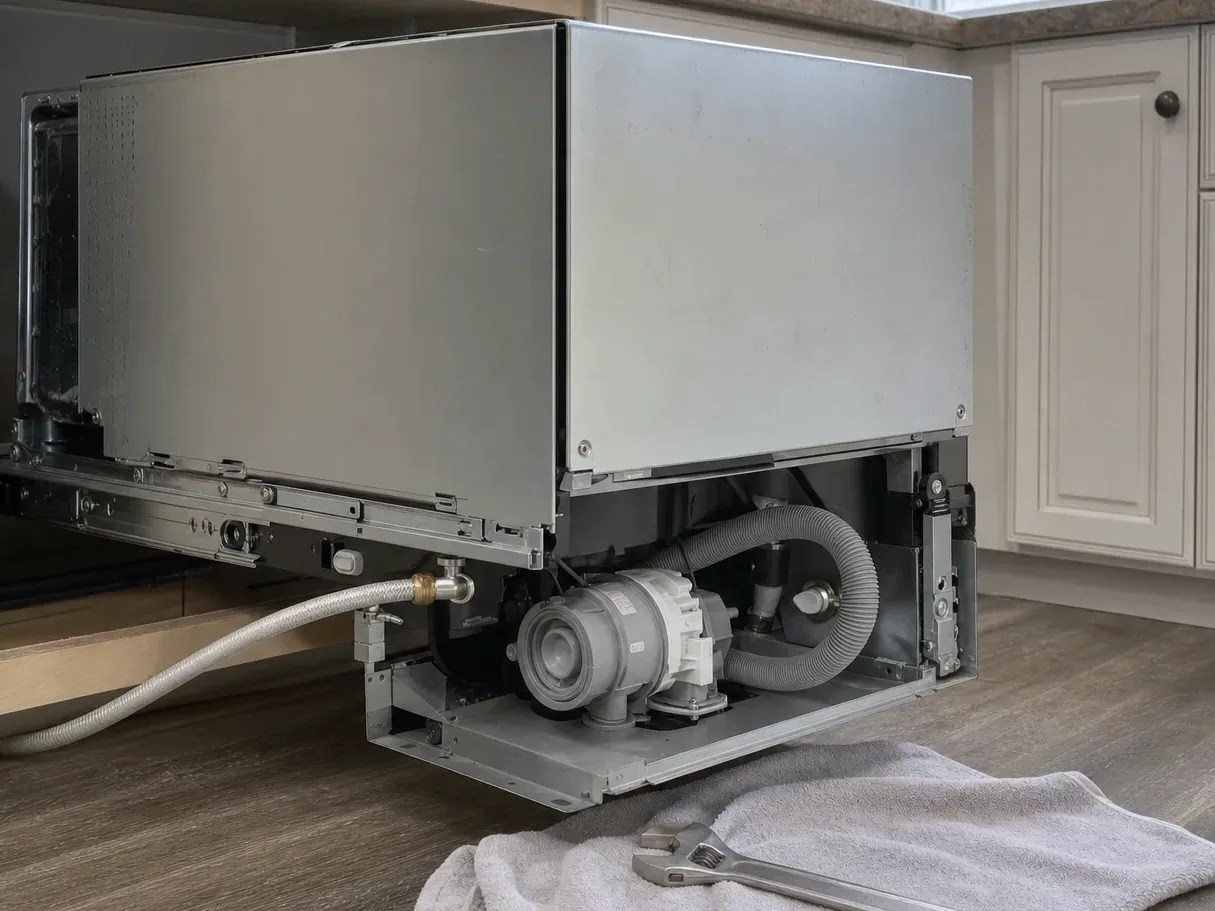 Dishwasher pulled from cabinet showing circulation pump, drain hose and fill line