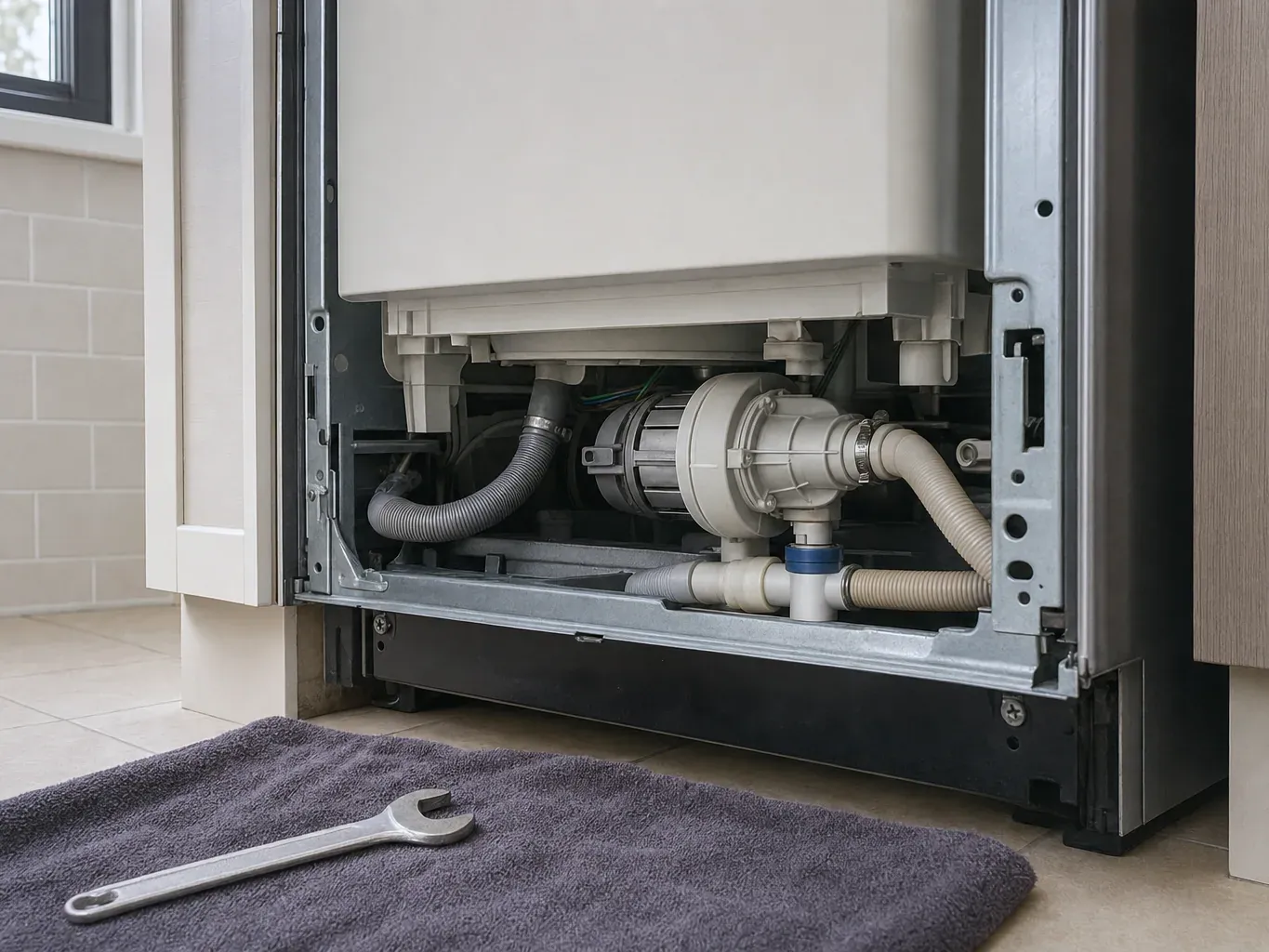 Close view of dishwasher pump and hoses under the tub, wrench on towel