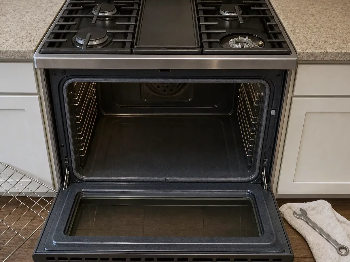 Gas range with griddle, oven door fully open and empty