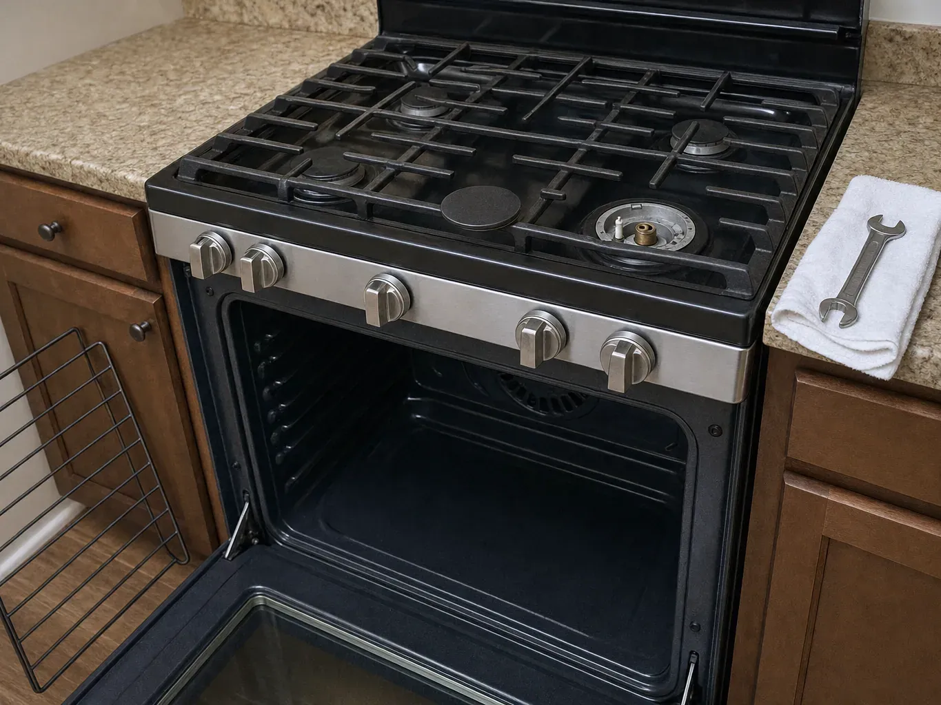 Black gas cooktop and open oven, wrench on white towel