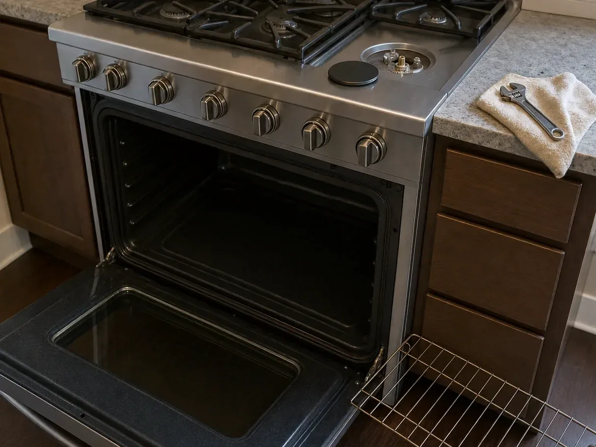Stainless range with open oven, rack on floor and wrench on counter towel
