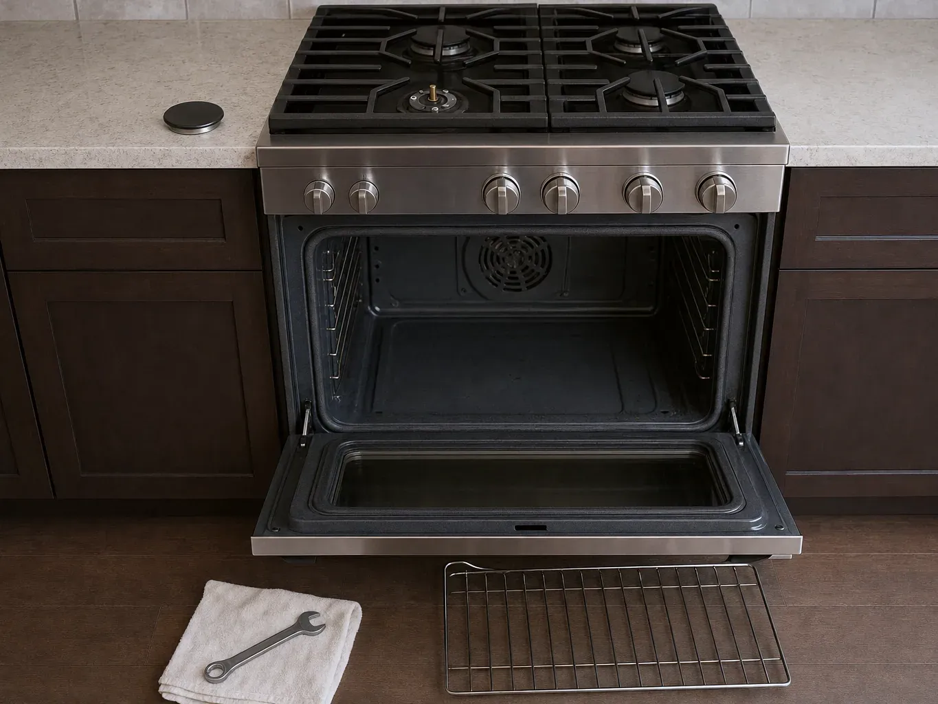 Gas range with oven door open, rack and wrench on floor