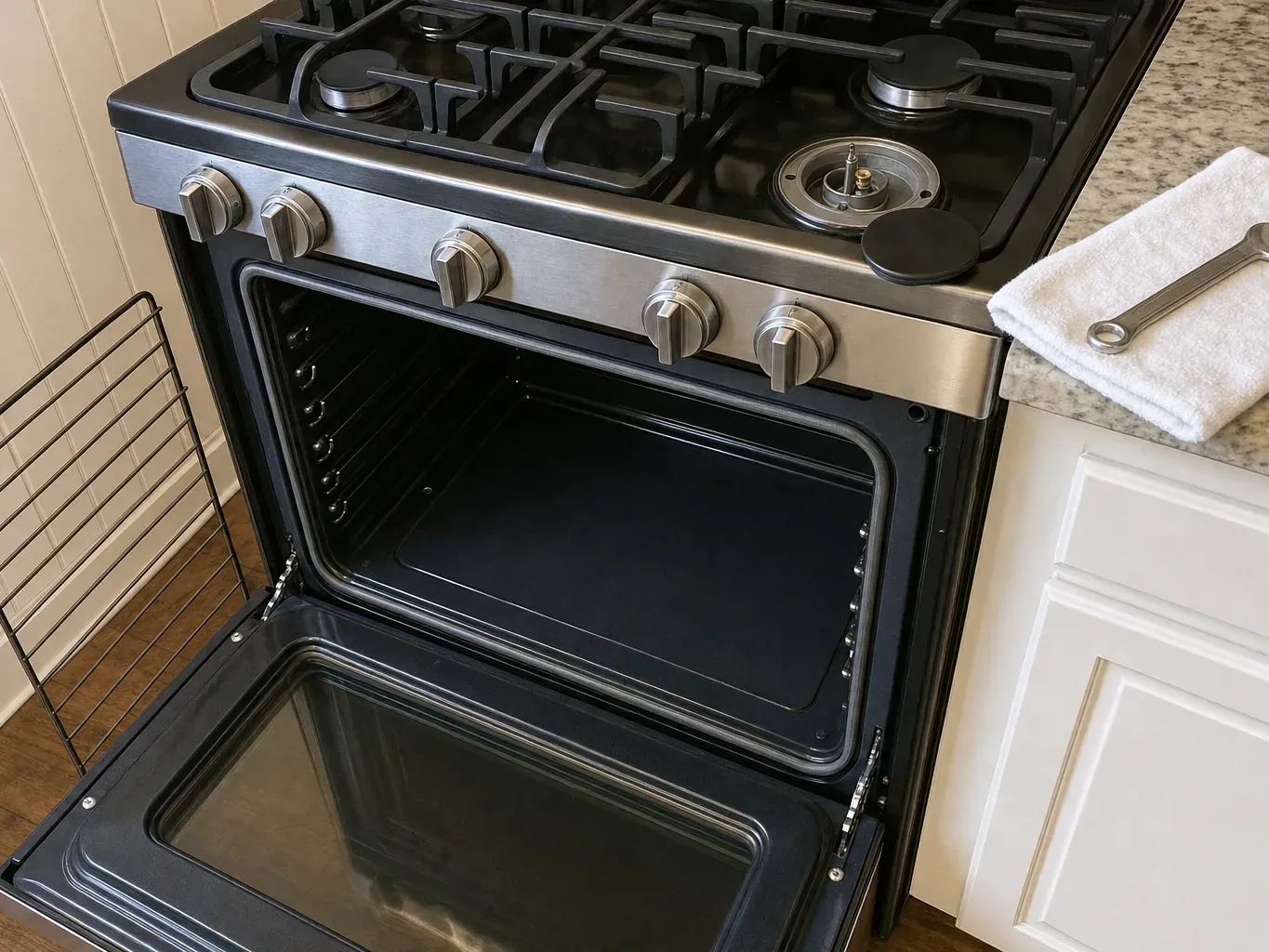 Gas range knobs and open oven interior, burner cap off