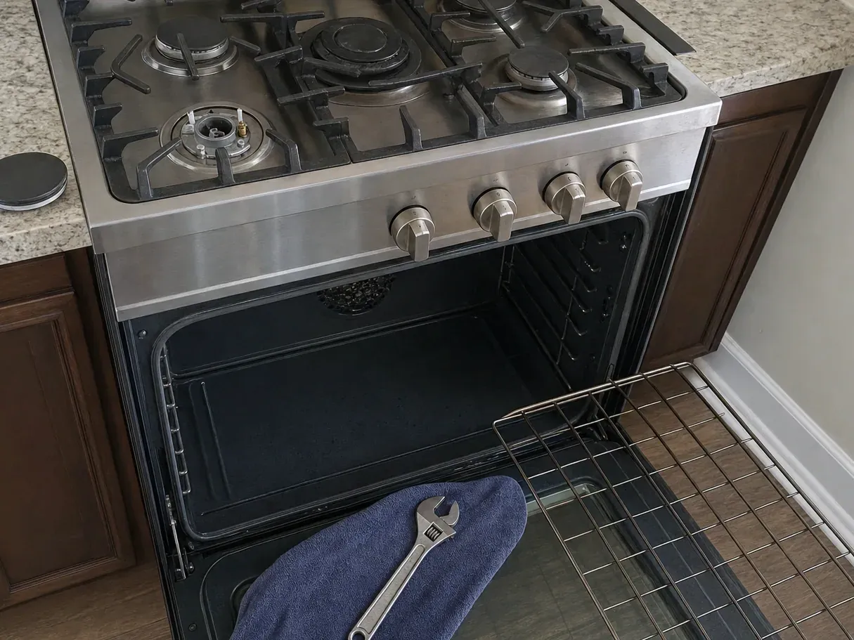 Stainless gas range, open oven, rack on wood floor