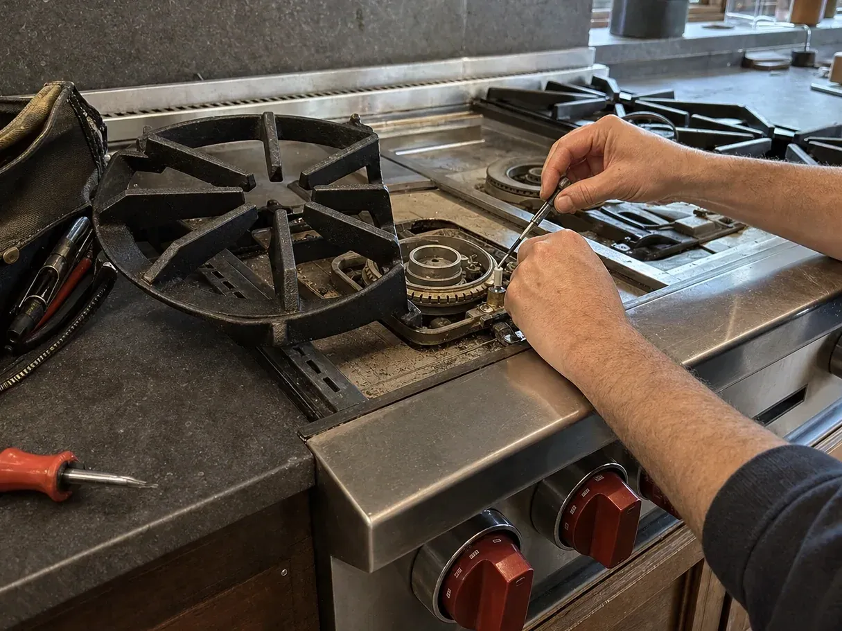Hands using a screwdriver on a range burner assembly with grate removed