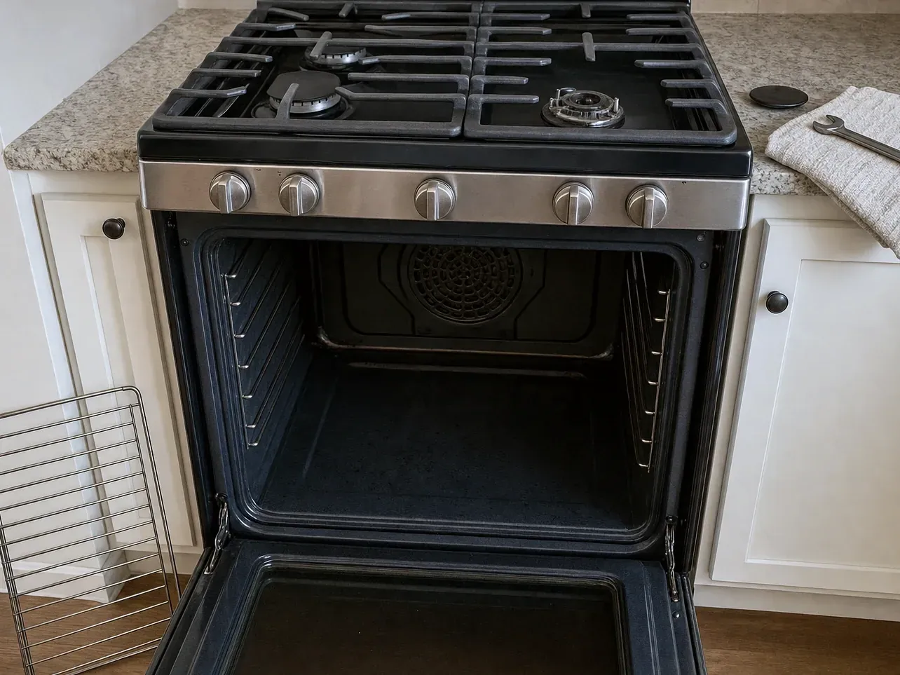 Gas range with empty oven cavity open, convection fan cover and rack guides visible