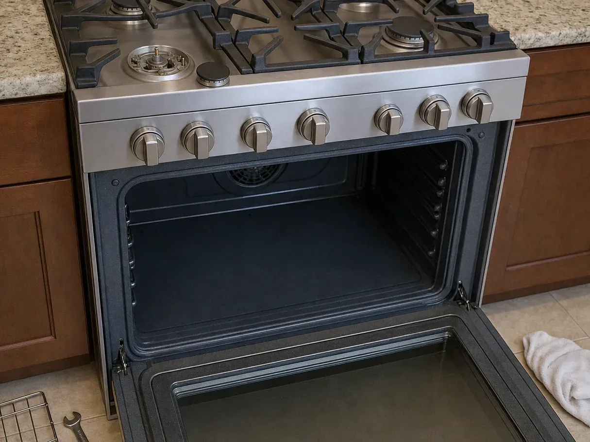 Stainless gas range with open empty oven, burner cap off, rack on floor