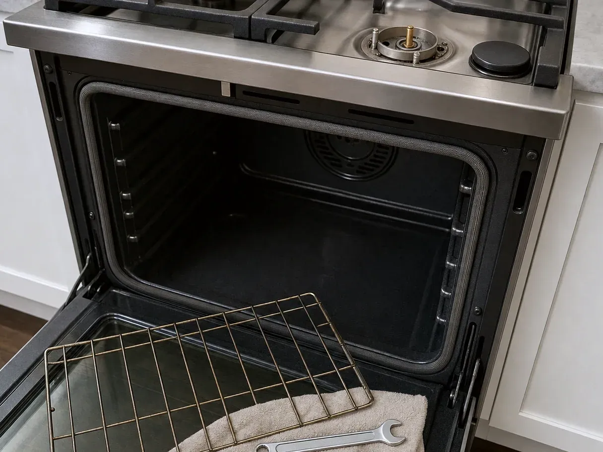 Close view of empty oven cavity with rack on open door