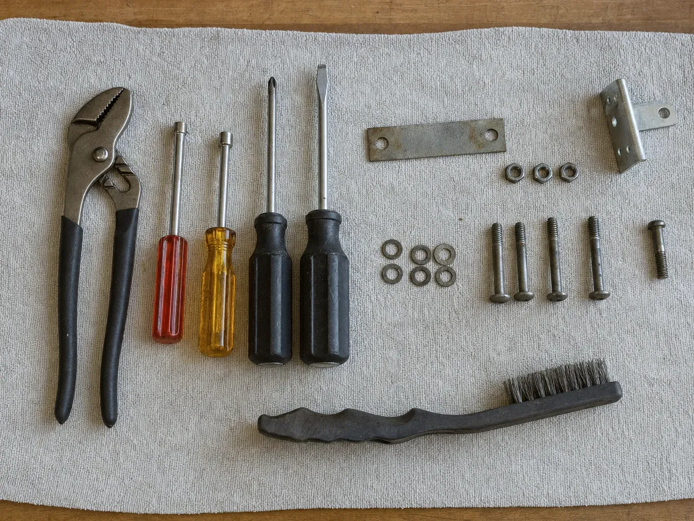 Bracket, bolts, washers, screwdrivers, pliers and brush on towel