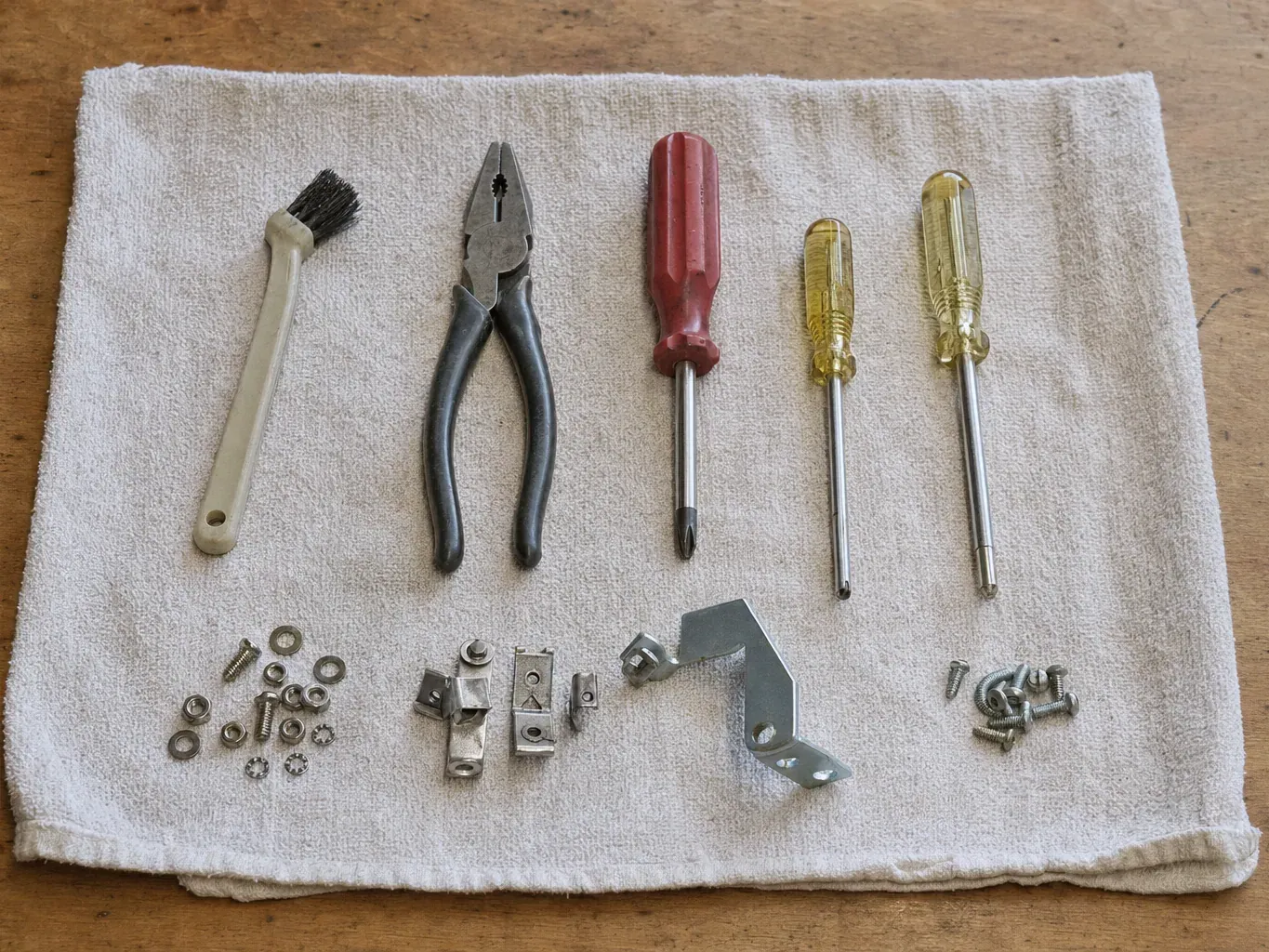 Screwdrivers, pliers, brush, bracket, screws and clips on cloth