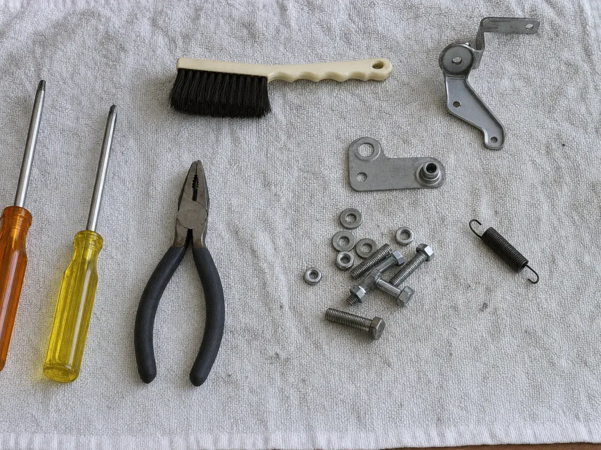 Linkage arm, spring, bolts, brush, pliers and two screwdrivers
