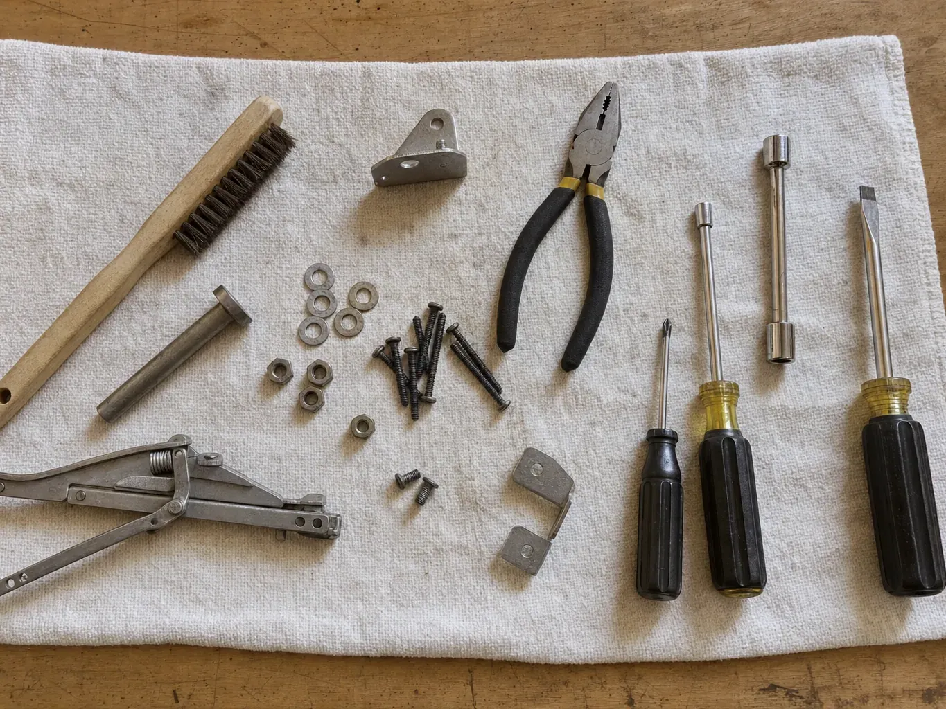 Hand tools, screws and a spring hinge arranged on white cloth