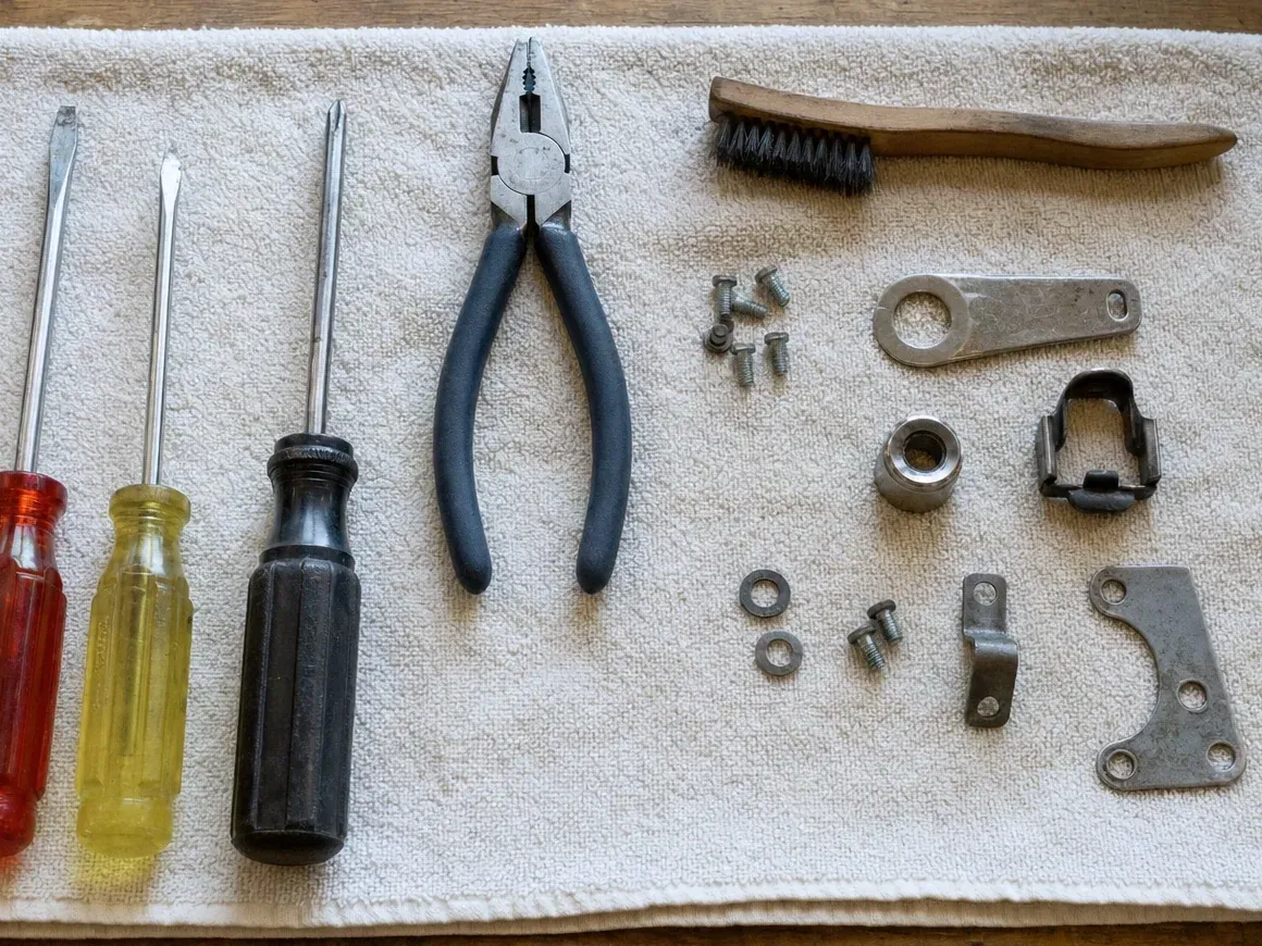 Wire brush, metal linkage parts, pliers and three screwdrivers