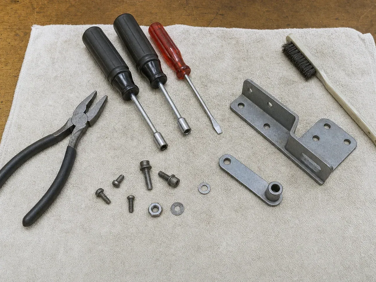 Angled bracket and fasteners with nut drivers, screwdriver and pliers