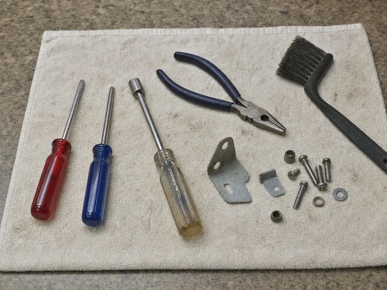 Small brackets and screws with wire brush, pliers and screwdrivers