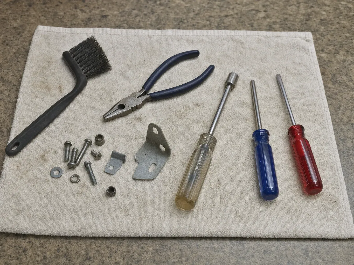 Screwdrivers, pliers, brush, bracket and screws on a cloth