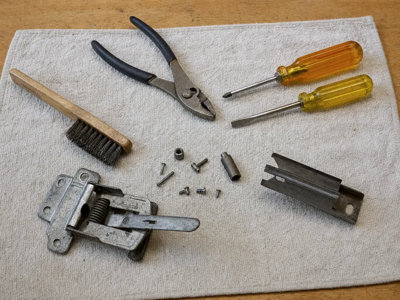 Two screwdrivers, pliers, wire brush, screws and a spring hinge