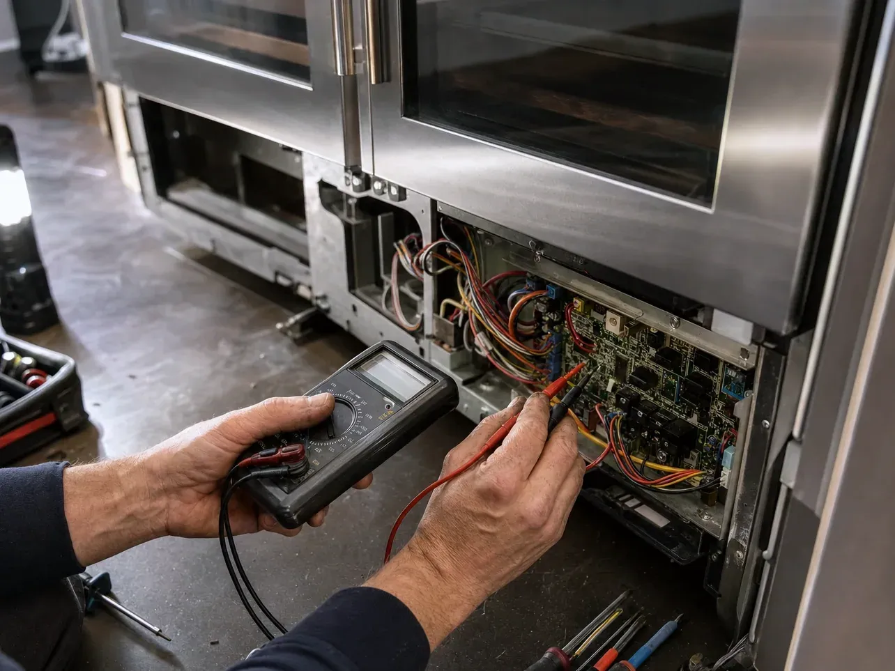 Man testing an oven control board with a multimeter probe